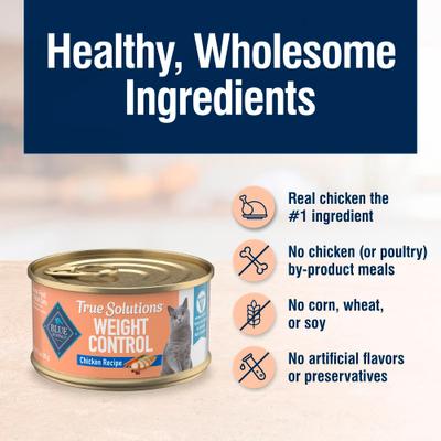 Show full view: Blue Buffalo True Solutions Natural Weight Control Chicken Adult Wet Cat Food, 3-oz can, case of 24 slide 6 of 12