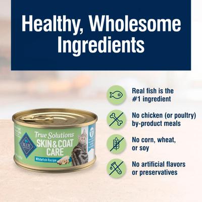 Show full view: Blue Buffalo True Solutions Perfect Skin & Coat Natural Whitefish Adult Wet Cat Food, 3-oz can, case of 24 slide 6 of 12