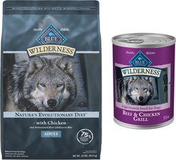 Blue Buffalo Wilderness Adult Chicken Dry Food + Beef & Chicken Grill Canned Dog Food