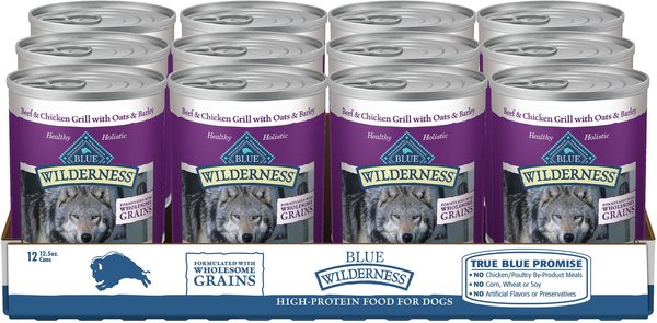 Show full view: Blue Buffalo Wilderness Adult Wholesome Grains, Beef & Chicken Grill Wet Dog Food, 12.5-oz can, 12 count slide 1 of 11