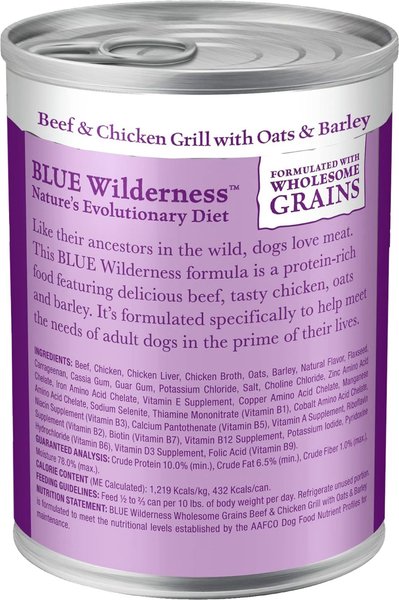 Show full view: Blue Buffalo Wilderness Adult Wholesome Grains, Beef & Chicken Grill Wet Dog Food, 12.5-oz can, 12 count slide 3 of 11