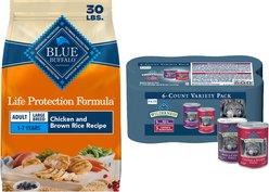 Blue Buffalo Wilderness Beef & Salmon Variety Pack Wet Food + Life Protection Formula Large Breed Chicken & Brown Rice Recipe Dry Dog Food