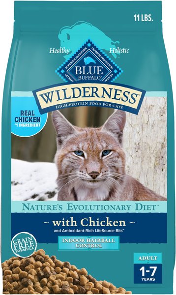 Show full view: Blue Buffalo Wilderness Chicken High-Protein Grain-Free Indoor Hairball Control Adult Dry Cat Food, 11-lb bag slide 1 of 12