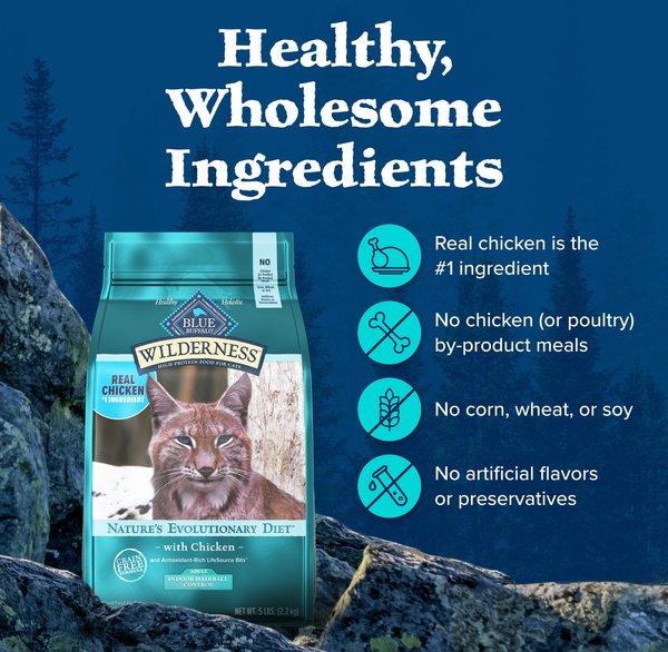 Show full view: Blue Buffalo Wilderness Chicken High-Protein Grain-Free Indoor Hairball Control Adult Dry Cat Food, 11-lb bag slide 7 of 12