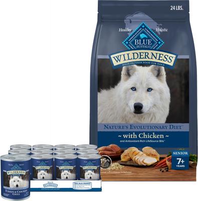 Show full view: Blue Buffalo Wilderness Chicken Senior Dry Food + Turkey & Chicken Grill Senior Canned Dog Food slide 1 of 9