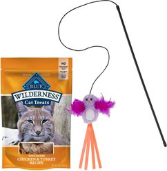 Blue Buffalo Wilderness Chicken & Turkey Grain-Free Cat Treats, 2-oz bag + Frisco Bird Teaser with Feathers Cat Toy, Purple
