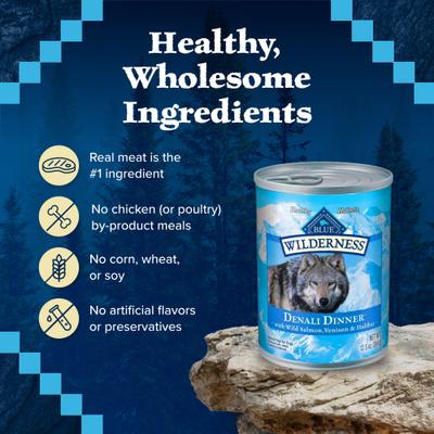 Show full view: Blue Buffalo Wilderness Denali Dinner High-Protein & Grain-Free Wild Salmon, Venison & Halibut Wet Dog Food, 12.5-oz can, 12 count slide 7 of 12