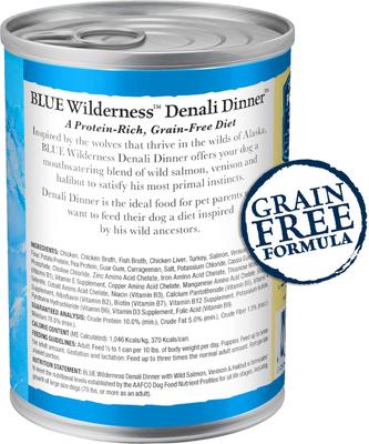 Show full view: Blue Buffalo Wilderness Denali Dinner High-Protein & Grain-Free Wild Salmon, Venison & Halibut Wet Dog Food, 12.5-oz can, 12 count slide 3 of 12