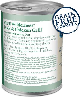 Show full view: Blue Buffalo Wilderness Duck & Chicken Grill Grain-Free Canned Dog Food, 12.5-oz, case of 12 slide 3 of 12