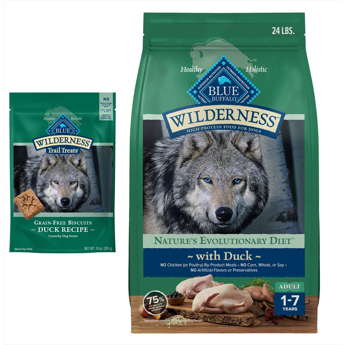 Blue Buffalo Wilderness Duck Dry Food + Trail Treats Duck Biscuits Dog Treats