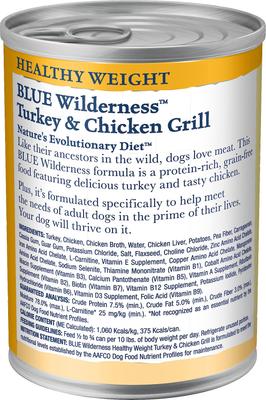 Show full view: Blue Buffalo Wilderness Healthy Weight Turkey & Chicken Grill Grain-Free Adult Canned Dog Food, 12.5-oz, case of 12 slide 4 of 11