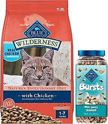 Blue Buffalo Wilderness Indoor Hairball & Weight Control Chicken Recipe Grain-Free Dry Cat Food, 11-lb bag + Blue Buffalo Bursts with Savory Seafood Cat Treats, 12-oz tub