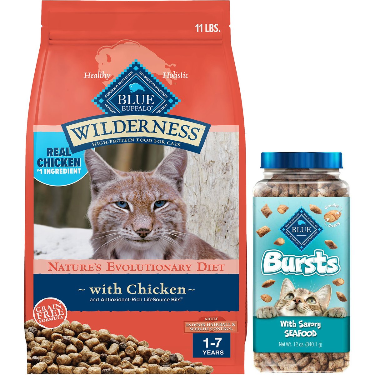 Blue Buffalo Wilderness Indoor Hairball & Weight Control Chicken Recipe Grain-Free Dry Cat Food, 11-lb bag + Blue Buffalo Bursts with Savory Seafood Cat Treats, 12-oz tub
