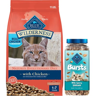 Blue Buffalo Blue Buffalo Wilderness Indoor Hairball & Weight Control Chicken Recipe Grain-Free Dry Cat Food, 11-lb bag + Blue Buffalo Bursts with Savory Seafood Cat Treats, 12-oz tub