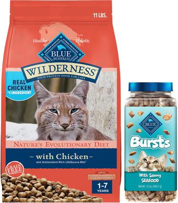 Show full view: Blue Buffalo Wilderness Indoor Hairball & Weight Control Chicken Recipe Grain-Free Dry Cat Food, 11-lb bag + Blue Buffalo Bursts with Savory Seafood Cat Treats, 12-oz tub slide 1 of 8