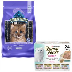 Blue Buffalo Wilderness Kitten Chicken Recipe Grain-Free Dry Food + Fancy Feast Tender Feast Canned Kitten Food