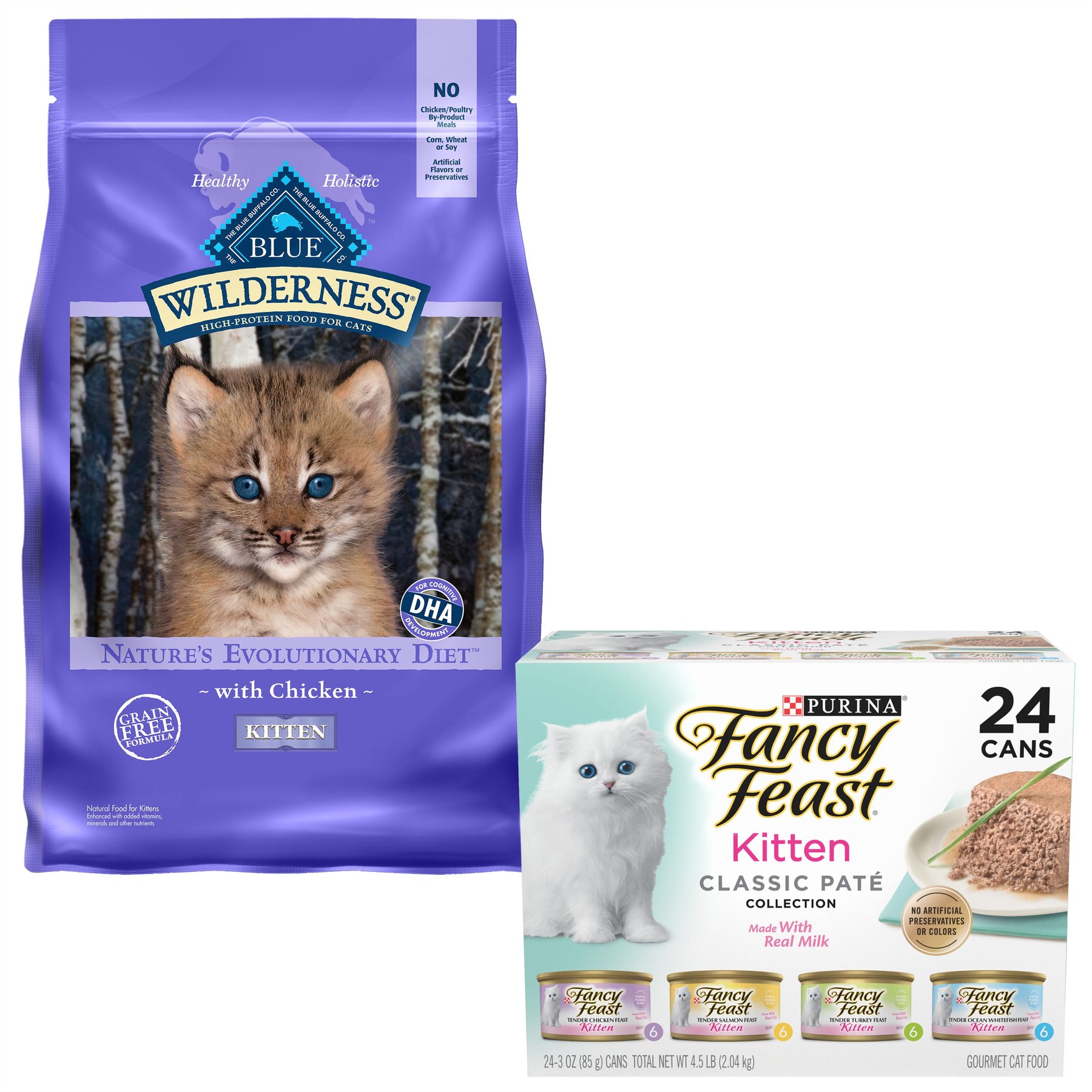 Blue Buffalo Wilderness Kitten Chicken Recipe Grain-Free Dry Food + Fancy Feast Tender Feast Canned Kitten Food