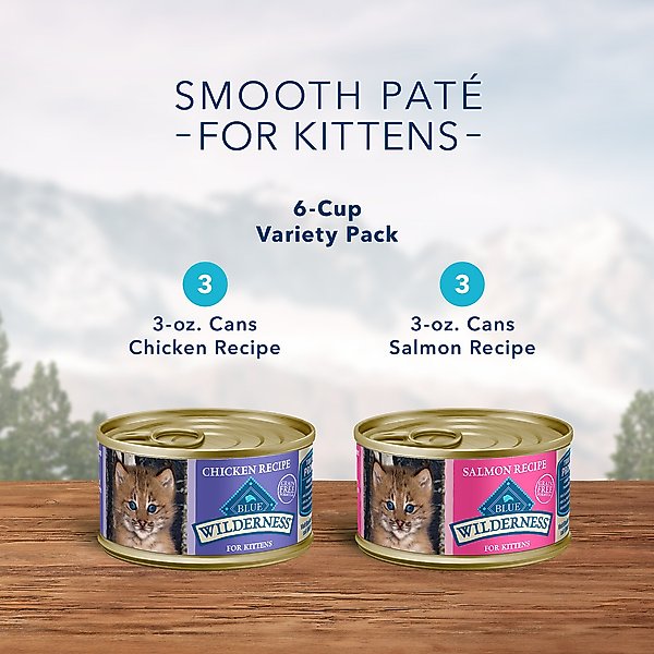 Show full view: Blue Buffalo Wilderness Pate Kitten Variety Pack with Chicken & Salmon Grain-Free Cat Food, 3-oz can, case of 6 slide 5 of 10