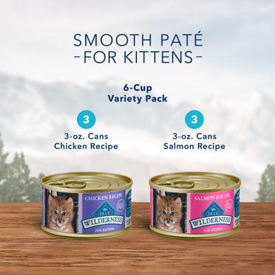 Show full view: Blue Buffalo Wilderness Pate Kitten Variety Pack with Chicken & Salmon Grain-Free Cat Food, 3-oz can, case of 6 slide 5 of 10