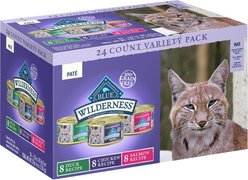 Blue Buffalo Wilderness Pate Variety Pack Duck, Chicken & Salmon Grain-Free Cat Canned Food, 3-oz case, case of 24