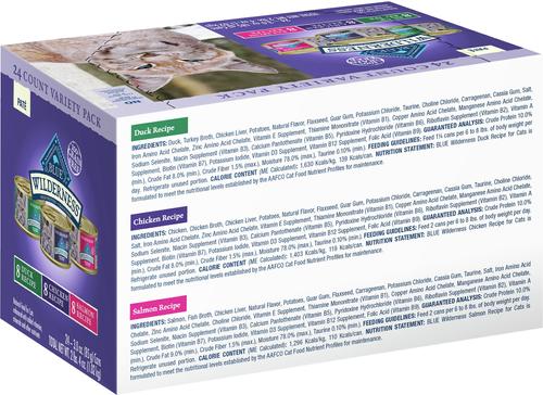 Show full view: Blue Buffalo Wilderness Pate Variety Pack Duck, Chicken & Salmon Grain-Free Cat Canned Food, 3-oz case, case of 24 slide 3 of 11