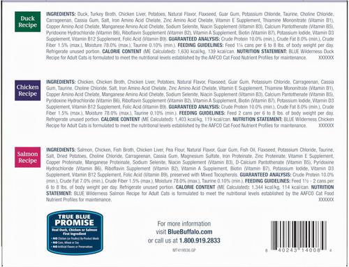 Show full view: Blue Buffalo Wilderness Pate Variety Pack Duck, Chicken & Salmon Grain-Free Cat Canned Food, 3-oz case, case of 24 slide 4 of 11