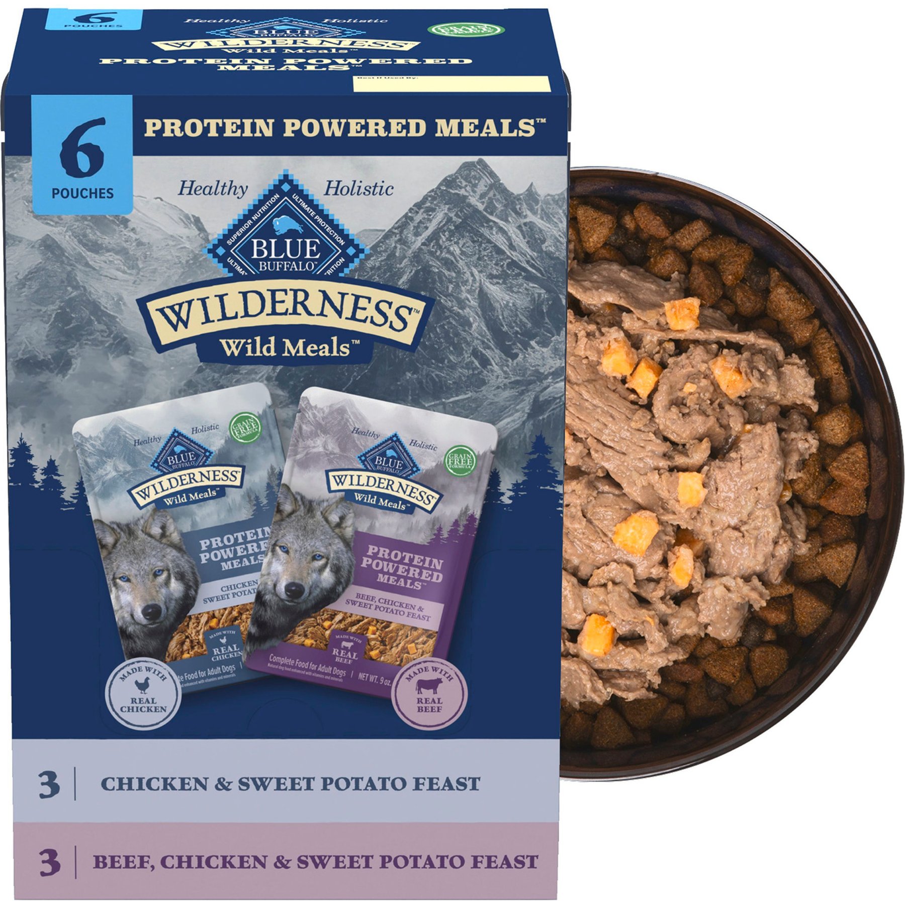 Blue Buffalo Wilderness Protein Powered Meals Chicken & Beef High-Protein Grain-Free Wet Dog Food, 9-oz pouches, case of 6