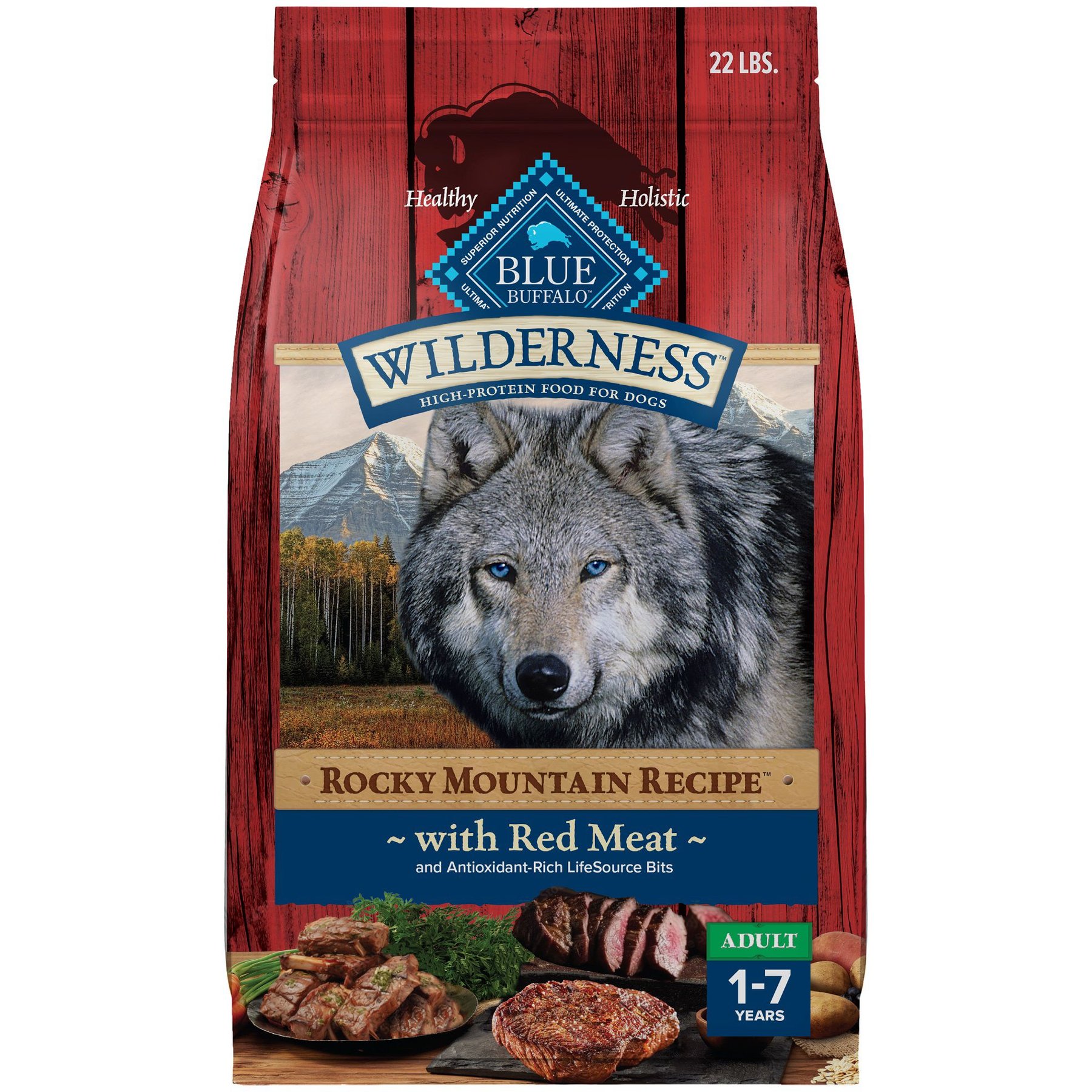 Blue Buffalo Wilderness Red Meat & Grains Rocky Mountain Recipe High-Protein Adult Dry Dog Food, 22-lb bag