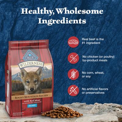 Show full view: Blue Buffalo Wilderness Red Meat & Grains Rocky Mountain Recipe High-Protein Puppy Dry Dog Food, 24-lb bag slide 7 of 12