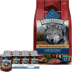 Blue Buffalo Wilderness RMR Red Meat Dry Food + Wilderness Wolf Creek Stew Hearty Beef Stew Canned Dog Food
