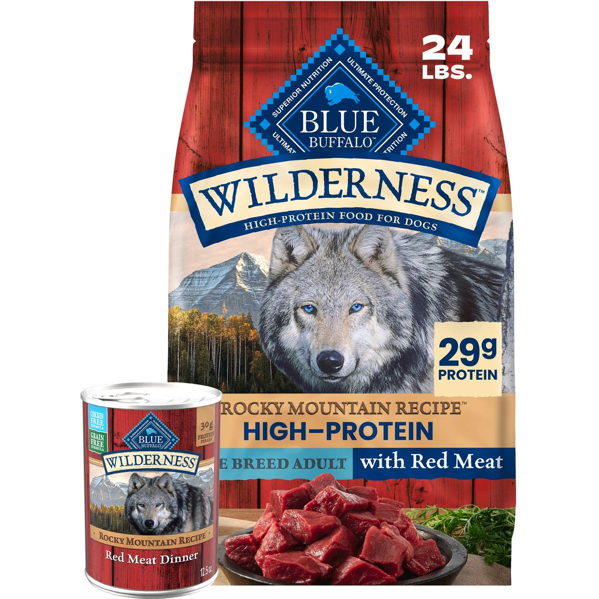 Blue Buffalo Wilderness RMR Red Meat Large Breed Dry Food + Rocky Mountain Recipe Red Meat Dinner Canned Dog Food