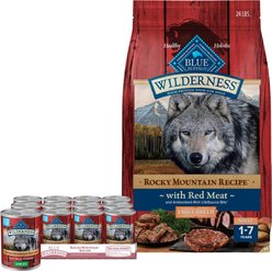 Blue Buffalo Wilderness RMR Red Meat Large Breed Dry Food + Rocky Mountain Recipe Red Meat Dinner Canned Dog Food