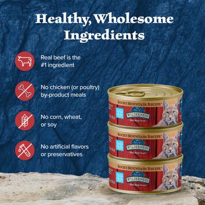 Show full view: Blue Buffalo Wilderness Rocky Mountain Recipe Adult Red Meat Feast Chicken-Free Grain-Free Pate Wet Cat Food, 5.5-oz can, 24 count slide 7 of 12