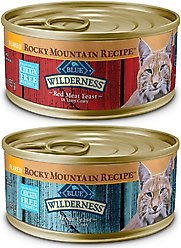Blue Buffalo Wilderness Rocky Mountain Recipe Flaked Red Meat Feast Adult Grain-Free Canned Cat Food, 5.5-oz, case of 24 + Blue Buffalo Wilderness Rocky Mountain Recipe Flaked Trout Feast Adult Grain-Free Canned Cat Food, 5.5-oz, case of 24