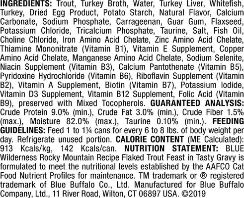 Show full view: Blue Buffalo Wilderness Rocky Mountain Recipe Flaked Red Meat Feast Adult Grain-Free Canned Cat Food, 5.5-oz, case of 24 + Blue Buffalo Wilderness Rocky Mountain Recipe Flaked Trout Feast Adult Grain-Free Canned Cat Food, 5.5-oz, case of 24 slide 6 of 8