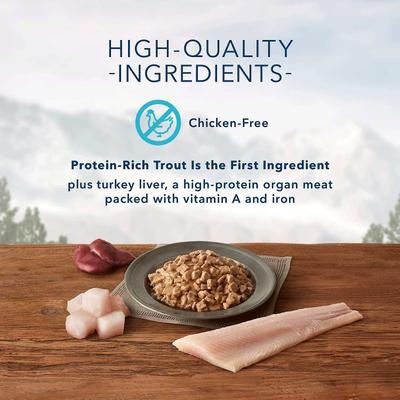 Show full view: Blue Buffalo Wilderness Rocky Mountain Recipe Flaked Red Meat Feast Adult Grain-Free Canned Cat Food, 5.5-oz, case of 24 + Blue Buffalo Wilderness Rocky Mountain Recipe Flaked Trout Feast Adult Grain-Free Canned Cat Food, 5.5-oz, case of 24 slide 7 of 8