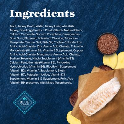 Show full view: Blue Buffalo Wilderness Rocky Mountain Recipe Flaked Trout Feast Adult Grain-Free Canned Cat Food, 5.5-oz, case of 24 slide 6 of 12