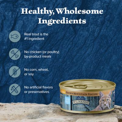 Show full view: Blue Buffalo Wilderness Rocky Mountain Recipe Flaked Trout Feast Adult Grain-Free Canned Cat Food, 5.5-oz, case of 24 slide 7 of 12