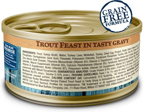 Show full view: Blue Buffalo Wilderness Rocky Mountain Recipe Flaked Trout Feast Adult Grain-Free Canned Cat Food, 5.5-oz, case of 24 slide 3 of 12