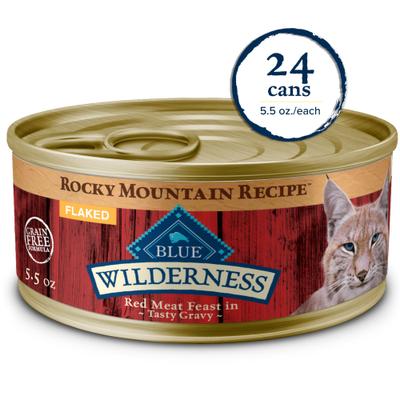Show full view: Blue Buffalo Wilderness Rocky Mountain Recipe Red Meat in Tasty Gravy Chicken-Free Grain-Free Flaked Wet Cat Food, 5.5-oz can, 24 count slide 1 of 12