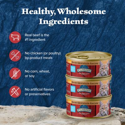 Show full view: Blue Buffalo Wilderness Rocky Mountain Recipe Red Meat in Tasty Gravy Chicken-Free Grain-Free Flaked Wet Cat Food, 5.5-oz can, 24 count slide 7 of 12