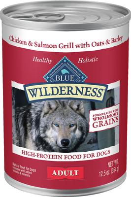 Show full view: Blue Buffalo Wilderness Salmon & Chicken Grill with Oats & Barley Adult Wet Dog Food, 12.5-oz can, case of 12 slide 3 of 10
