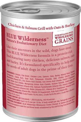 Show full view: Blue Buffalo Wilderness Salmon & Chicken Grill with Oats & Barley Adult Wet Dog Food, 12.5-oz can, case of 12 slide 4 of 10