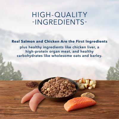 Show full view: Blue Buffalo Wilderness Salmon & Chicken Grill with Oats & Barley Adult Wet Dog Food, 12.5-oz can, case of 12 slide 5 of 10