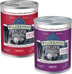 Blue Buffalo Wilderness Salmon & Chicken Grill with Oats & Barley Adult Wet Dog Food, 12.5-oz, case of 12 + Blue Buffalo Wilderness Beef & Chicken Grill with Oats & Barley Adult Wet Dog Food, 12.5-oz, case of 12