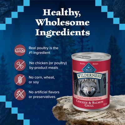 Show full view: Blue Buffalo Wilderness Chicken & Salmon High-Protein Grain-Free Adult Canned Dog Food, 12.5-oz, case of 12 slide 7 of 12