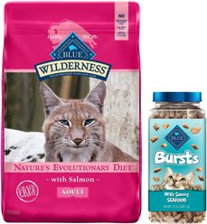 Blue Buffalo Wilderness Salmon Recipe Grain-Free Dry Cat Food, 11-lb bag + Blue Buffalo Bursts with Savory Seafood Cat Treats, 12-oz tub
