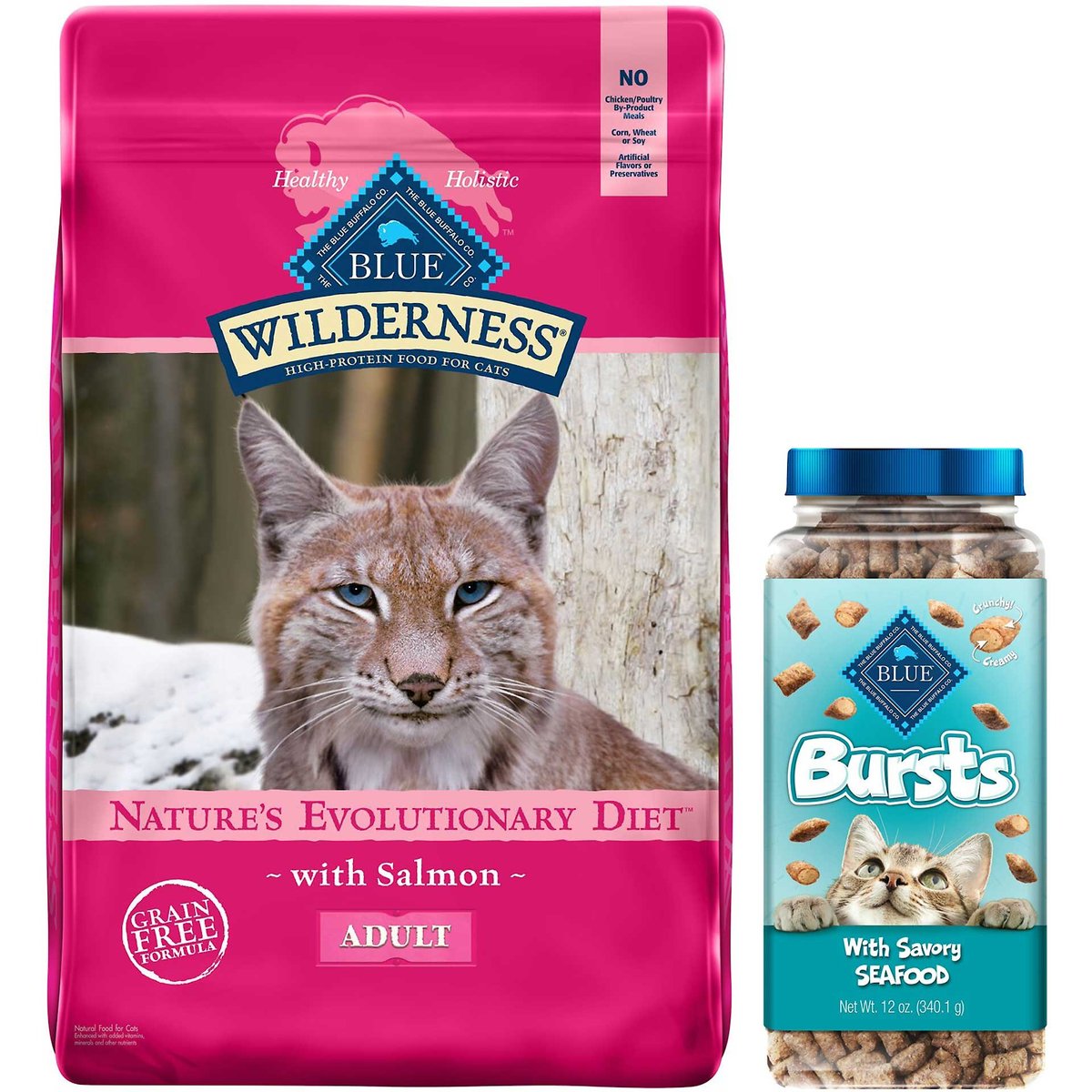 Blue Buffalo Wilderness Salmon Recipe Grain-Free Dry Cat Food, 11-lb bag + Blue Buffalo Bursts with Savory Seafood Cat Treats, 12-oz tub