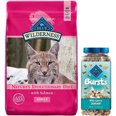 Blue Buffalo Blue Buffalo Wilderness Salmon Recipe Grain-Free Dry Cat Food, 11-lb bag + Blue Buffalo Bursts with Savory Seafood Cat Treats, 12-oz tub