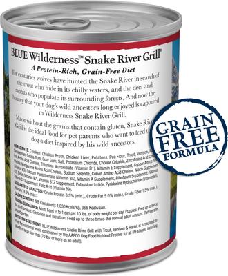 Show full view: Blue Buffalo Wilderness Snake River Grill Trout, Venison & Rabbit Formula Grain-Free Canned Dog Food, 12.5-oz, case of 12 slide 3 of 12